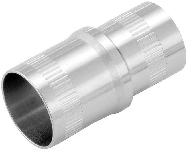 Metallischer Rohradapter mit geriffelter Oberfläche, zylindrische Form. Verbindet zwei Rohre, meist in Sanitär- oder Industrieanwendungen.