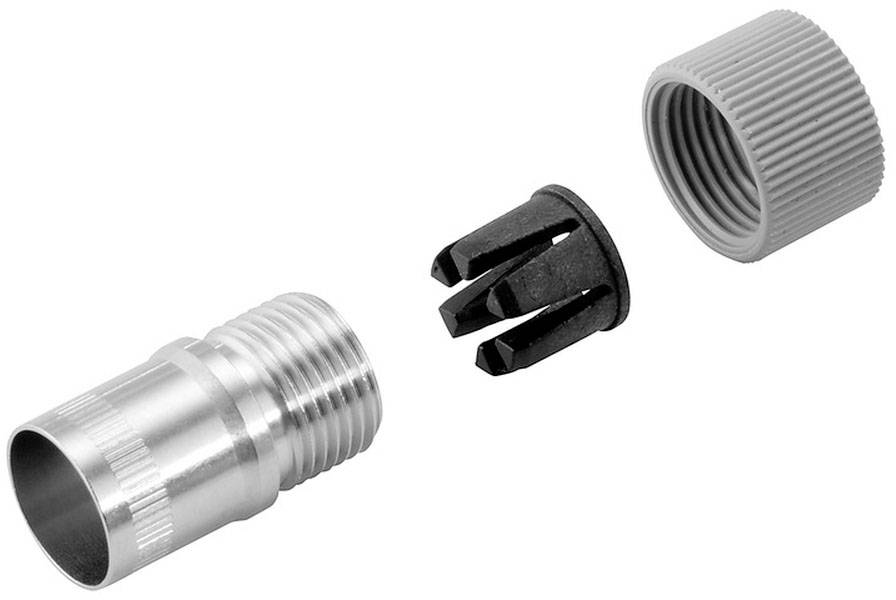 Drei Teile eines Anschlusssets: Metalladapter, schwarzer Plastikstecker und grauer Schraubdeckel.