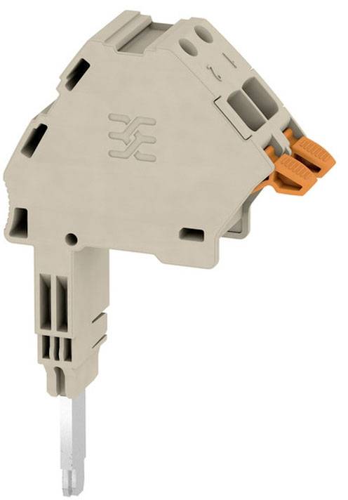 Ein beige-farbenes Klemmenblock-Modul mit zwei orangefarbenen Hebeln an der Oberseite, verwendet für elektrische Verdrahtungen.