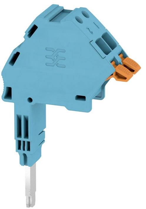Ein blaues elektrisches Bauteil mit orangefarbenen Hebeln, das für den Einsatz in Elektroinstallationen konzipiert ist.