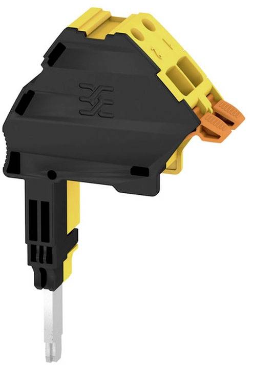 Ein schwarzer und gelber mechanischer Bauteil-Connector mit Hebeln, der verwendet wird, um elektrische Verbindungen sicher herzustellen.