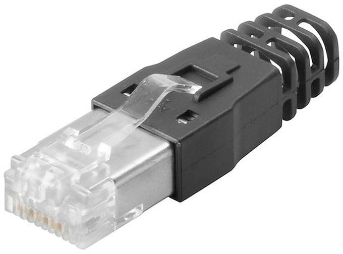 Ein RJ45-Stecker mit Kunststoffummantelung, häufig verwendet für Netzwerkkabelverbindungen in Computernetzwerken.