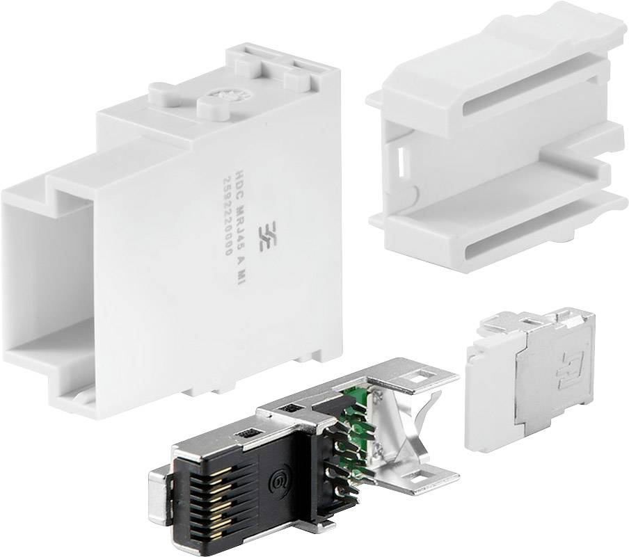 Mehrere Komponenten eines modularen Bauteils, darunter Gehäuseteile und ein Steckverbinder mit sichtbaren Schaltkreisen.