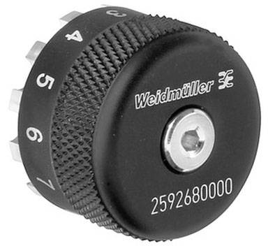 Ein schwarzer Drehknopf mit den Zahlen 1 bis 7 um den Rand. Aufschrift 'Weidmüller' und die Seriennummer '2592680000' sind sichtbar.