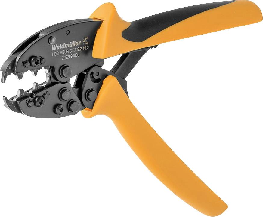 Orangefarbene Crimpzange mit schwarzem Griff, hergestellt von Weidmüller, Modell HDC M80, für das Crimpen von Kabelschuhen.