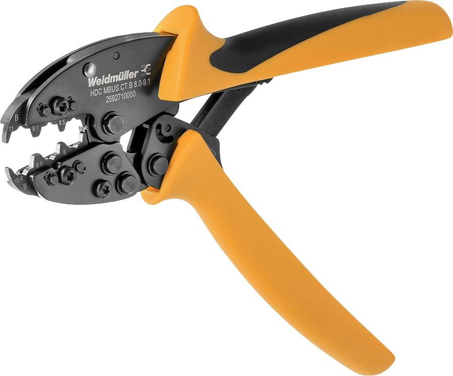 Crimpzange mit orangem Griff und schwarzem Metallkopf, verwendet zum Verbinden von Kabeln. Markierung 'Weidmüller' sichtbar.