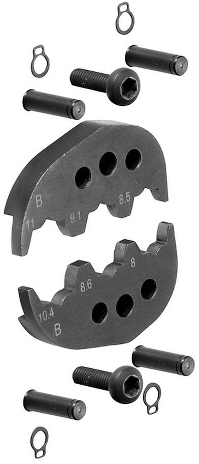 Werkzeugset mit zwei metallischen Pressbacken verschiedener Größen und mehreren Schrauben und Ringen zur Verkabelung oder Rohrverbindung.