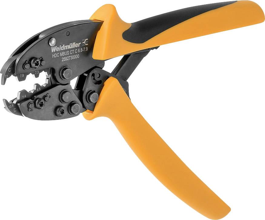 Eine orange-schwarze Crimpzange von Weidmüller, mit verstellbarem Kopf für unterschiedliche Kabelstärken, seitlich abgebildet.