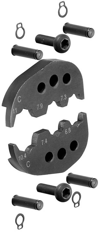Zerlegte mechanische Klemmvorrichtung mit Schrauben und Hülsen, dargestellt in 3D-Explosionsansicht.