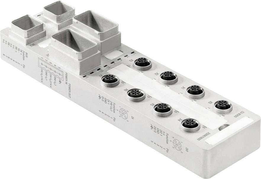 Metallisches elektronisches Bauteil mit mehreren Steckverbindern und rechteckigen Öffnungen. Konzipiert für industrielle Anwendungen.