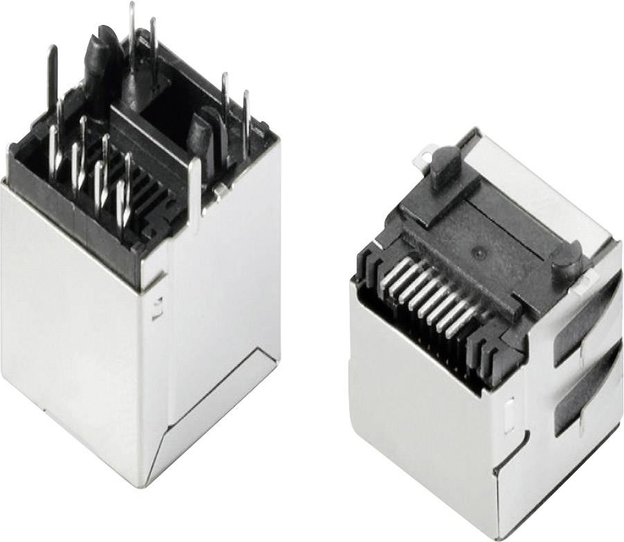 Zwei silberne RJ45-Ethernet-Buchsen, eine von oben und eine von der Seite gezeigt, mit sichtbaren Steckkontakten und schwarzem Kunststoffgehäuse.