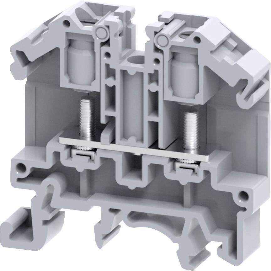 Graues elektrisches Anschlussklemmengehäuse, gezeigt mit zwei Schraubenkontakten oben, mehreren Aussparungen und Befestigungselementen.