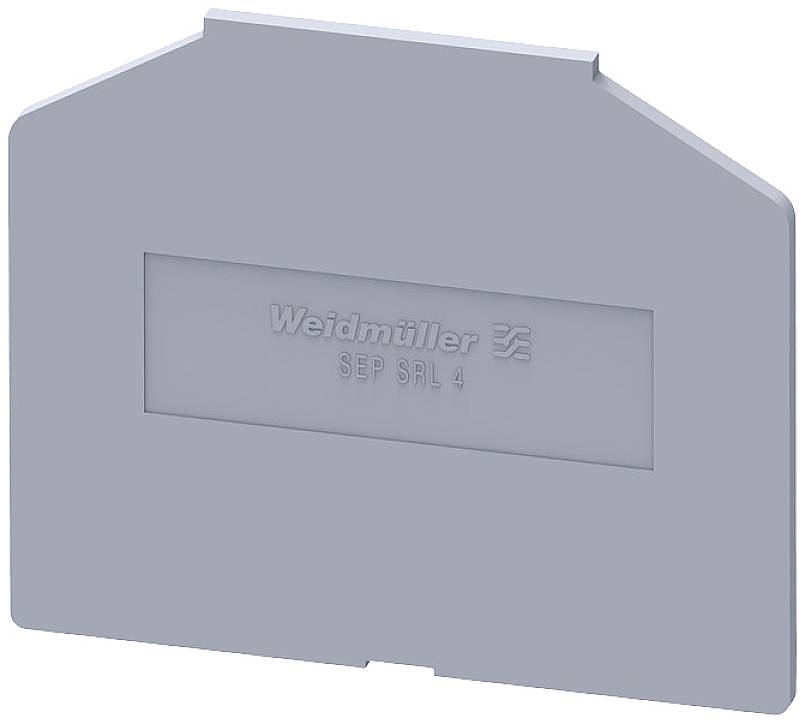 Graue Trennplatte mit der Aufschrift 'Weidmüller SEP SRL 4'. Sie wird zur elektrischen Isolation in Reihenklemmen eingesetzt.