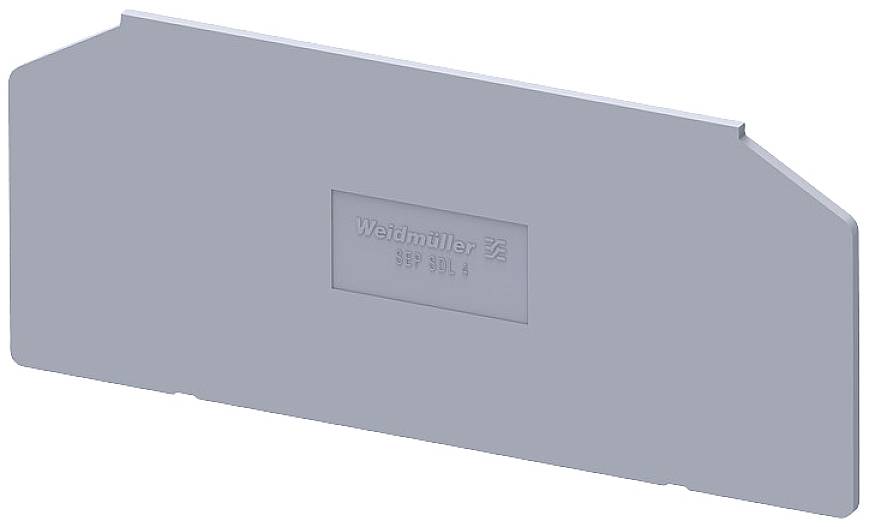 Graue Abdeckplatte mit Prägung 'Weidmüller WFF 80/4', rechteckige Form.