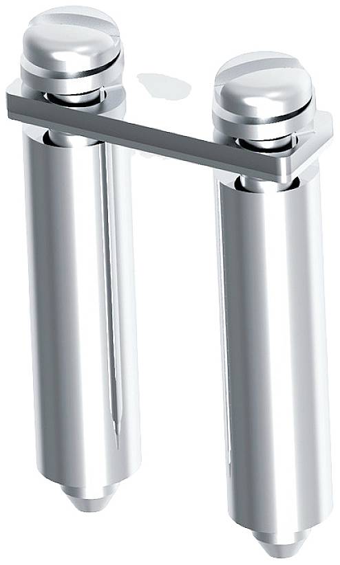 Ein silbernes Metall-Scharnier mit zwei zylindrischen Stiften und einem Verbindungsstab oben.