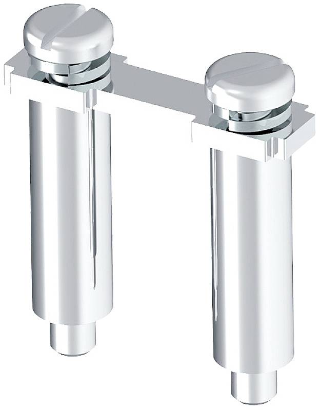 Zwei silberne zylindrische Halterungen mit Schraubköpfen oben, verbunden durch eine schmale Metallleiste in der Mitte.