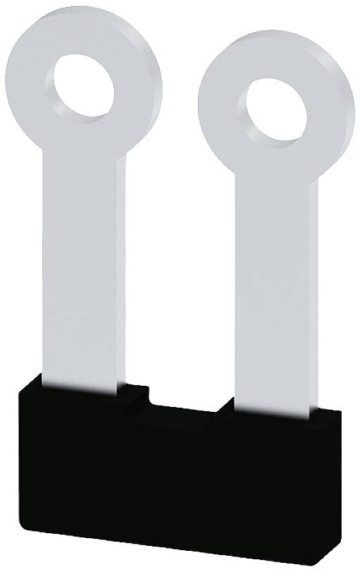 Elektrisches Bauteil mit zwei Metallstreifen und Ösen, verbunden durch eine schwarze Basis.