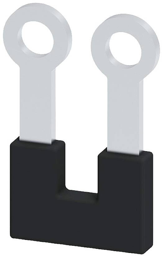 Ein schwarzer, U-förmiger Kurzschlussstecker mit zwei silbernen Metallkontakten für elektrische Verbindungen.
