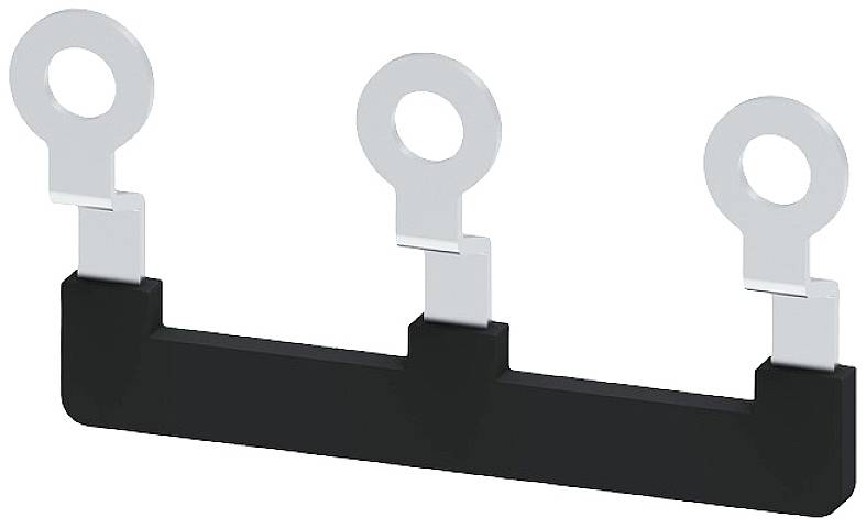 Elektrische Sammelschiene mit drei Anschlusspunkten aus Metall und einer schwarzen Kunststoffbasis.