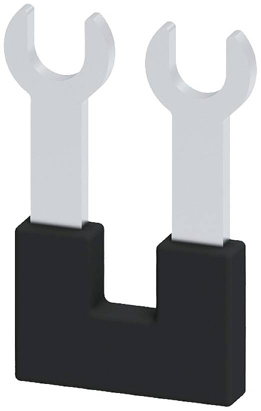 Elektronisches Bauteil mit zwei metallischen Gabelkontakten, befestigt in einer schwarzen Basis, zur elektrischen Verbindung.