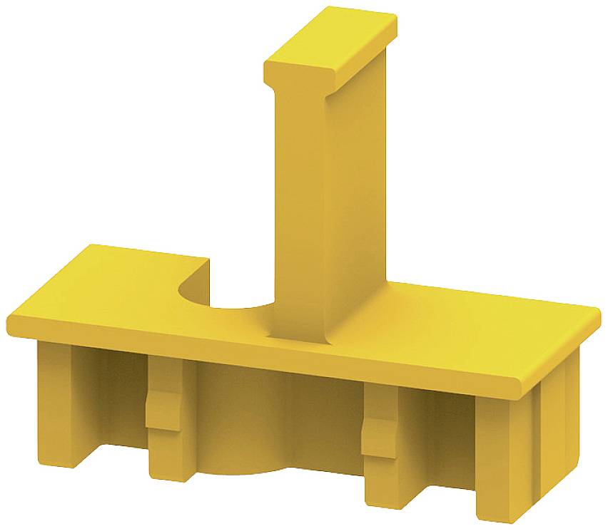 Gelbes, T-förmiges Kunststoffbauteil mit vertikalem Vorsprung und horizontaler Basis, möglicherweise für Baukästen oder Modelle genutzt.