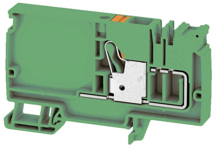 Grüne elektrische Klemme mit Metallkomponente, verwendet zur Sicherung von Drähten in elektrischen Schaltungen.