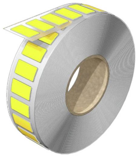 Rolle mit transparenten Etiketten, gelbe Markierungen auf der Klebefläche, geeignet für automatische Etikettiermaschinen.