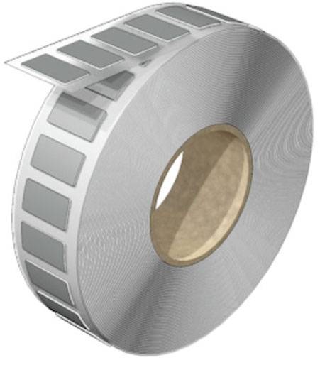 Rolle mit silbernen rechteckigen RFID-Etiketten auf Papierband, bereit für die Anwendung in der automatisierten Datenerfassung.