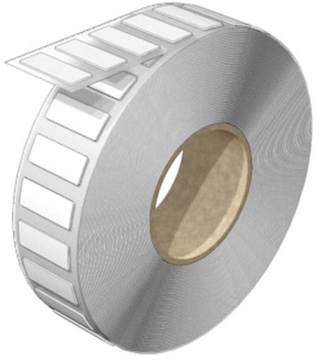 Eine Rolle mit rechteckigen, weißen selbstklebenden Etiketten, die teilweise abgelöst sind, auf einem braunen Pappkern.