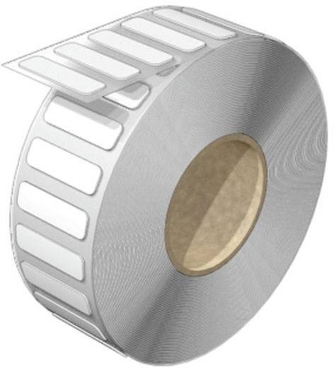 Rolle mit weißen, rechteckigen Etiketten, die abgezogen werden können. Die Rolle hat einen braunen Kern.
