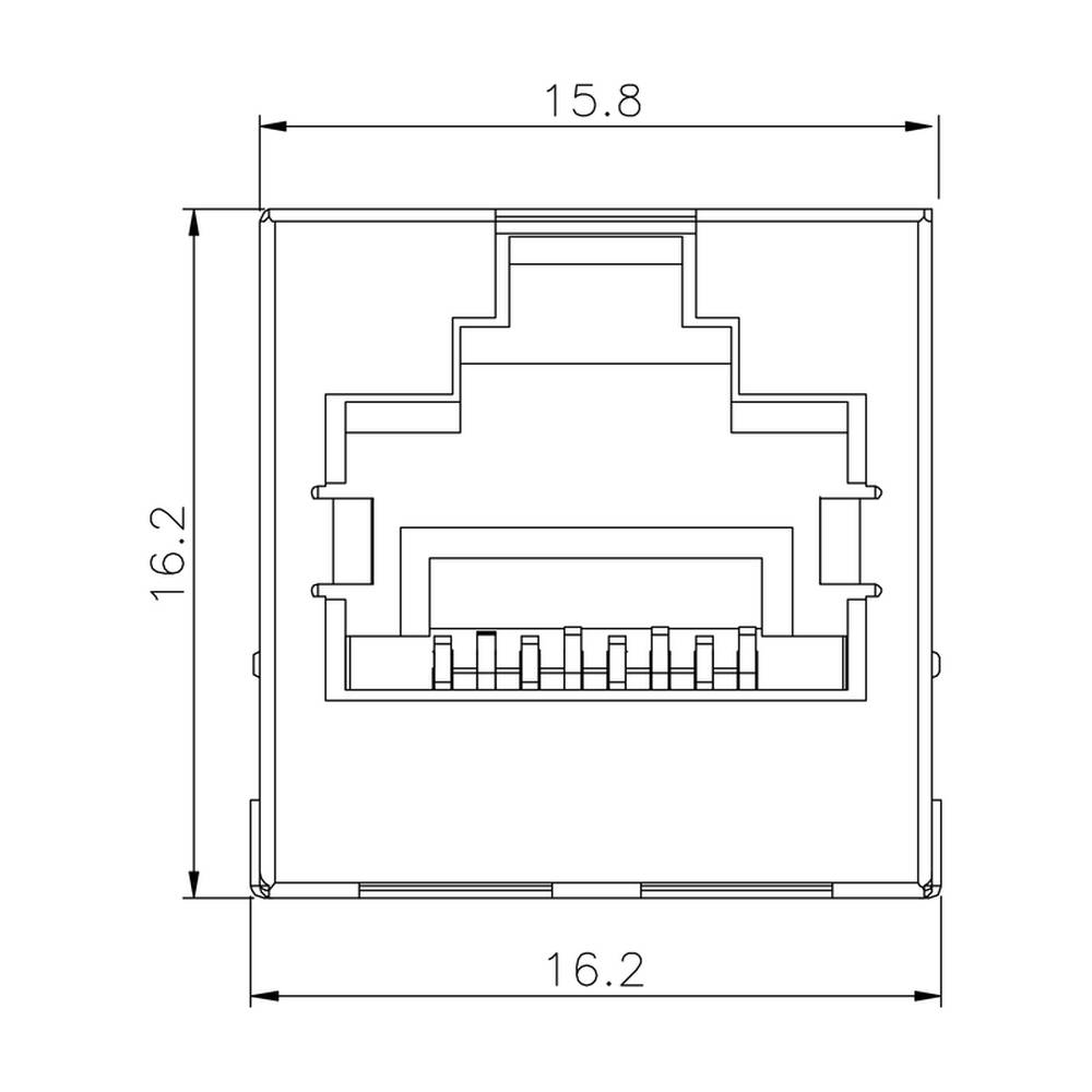 Technische Zeichnung einer RJ45-Buchse, mit Abmessungen: Breite 15,8 mm, Höhe 16,2 mm. Zeigt vordere Ansicht mit Konturen und Pins.