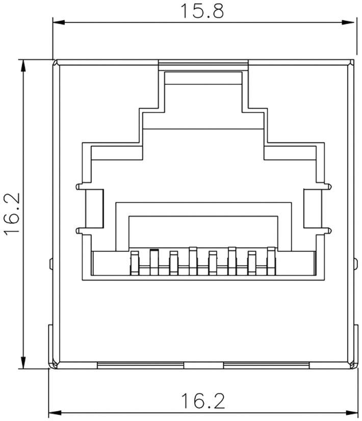 Technische Zeichnung eines RJ45-Buchsenmoduls mit Abmessungen: Breite 16,2 mm, Höhe 16,2 mm, Tiefe 15,8 mm.