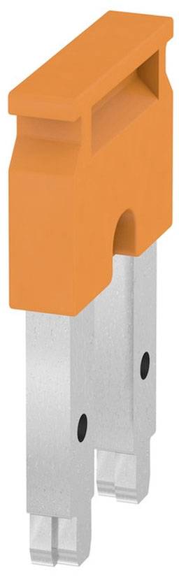 Ein orangefarbener elektrischer Steckeradapter mit zwei Metallstiften, verwendet zur Verbindung in Schalttafeln oder elektrischen Anlagen.