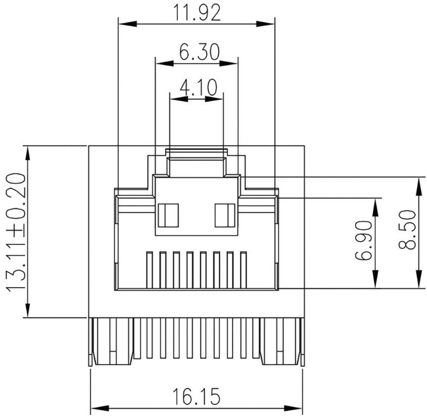 Technische Zeichnung eines RJ45-Buchsenanschlusses mit Maßangaben: Breite 16,15 mm, Höhe 13,11 mm, Tiefe 11,92 mm.