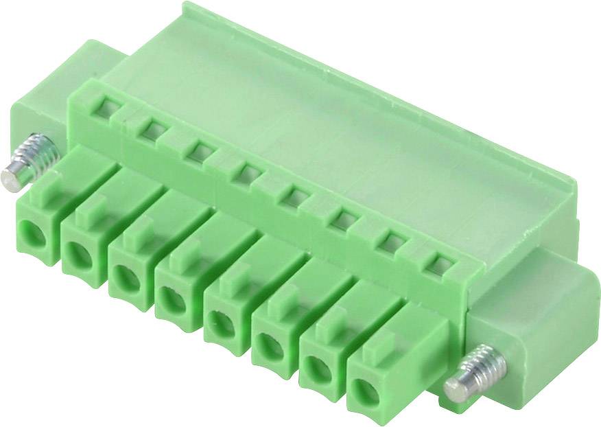 Grüner Steckverbinder mit acht Anschlusspunkten und zwei Schrauben an den Seiten für die elektrische Verbindung.