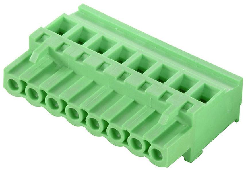 Grüner elektrischer Steckverbinder mit neun Pins, verwendet zur Verbindung von Kabeln in elektronischen Geräten.