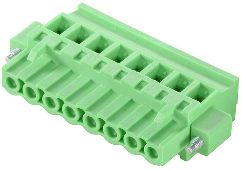 Grüner elektrischer Steckverbinder mit zehn Anschlüssen, seitlich Schrauben zur Befestigung. Verwendet in elektrischen Schaltschränken.