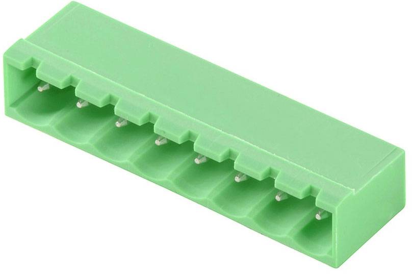 Grüner Kunststoff-Stecker mit sieben Anschlüssen, zur Verbindung elektronischer Komponenten.