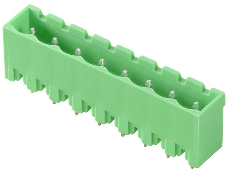 Ein grüner elektrischer Steckverbinder mit mehreren Pins, die herausragen, geeignet für die Verbindung von elektronischen Komponenten.