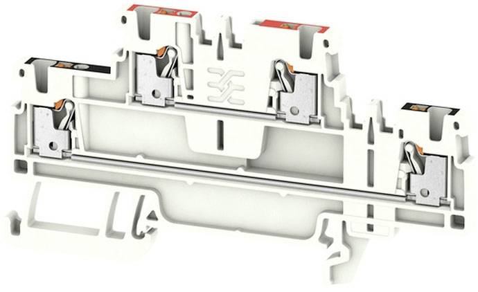 Querschnitt eines weißen, modularen Reihenklemmenblocks mit metallischen Kontakten und Klemmmechanismen zur Kabelbefestigung.