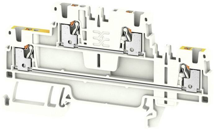 Ein weißes elektrotechnisches Verbindungsmodul aus Kunststoff mit metallischen Anschlüssen in der Mitte, von hinten betrachtet.