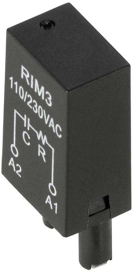 Ein schwarzes Relais mit der Aufschrift 'RIM3 110/230VAC' und einem Schaltzeichen für einen Kondensator und Widerstand zwischen den Anschlüssen.