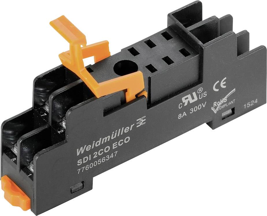 Schwarzes Weidmüller-Relaismodul mit oranger Klemme, beschriftet mit 'SDI 2CO ECO', zertifiziert für 8A, 300V.