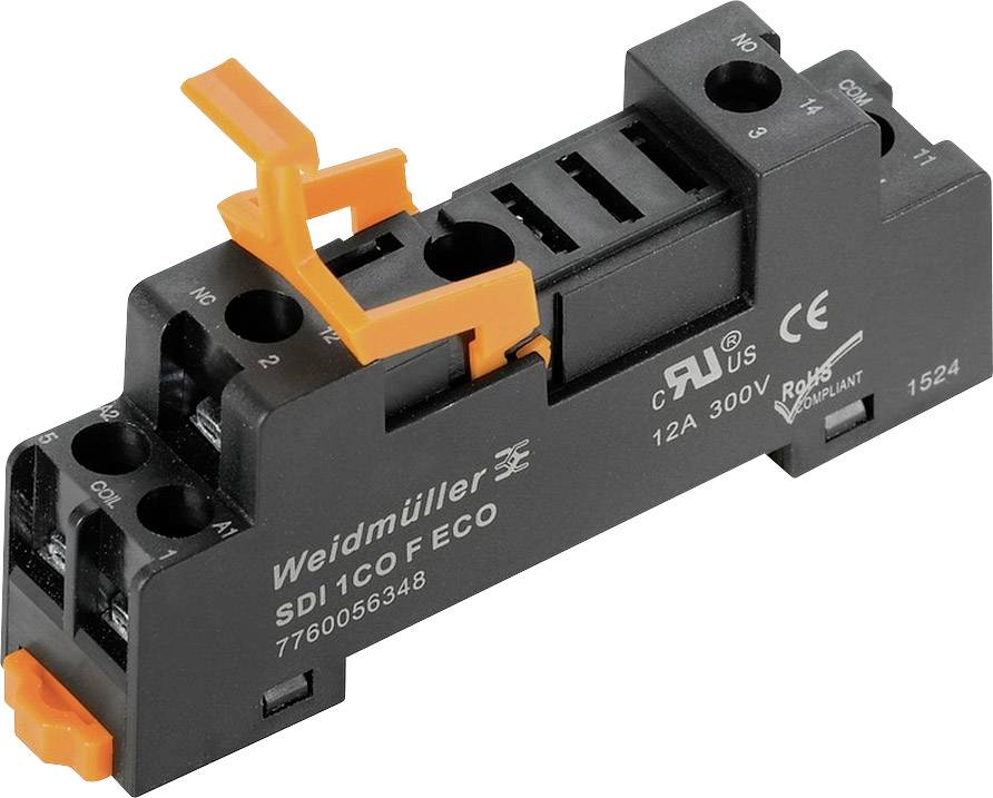 Schwarzer Weidmüller SDI 1C0 F ECO Sicherungsmodul mit orangenen Clips, 12A, für 300V, mit verschiedenen Zertifizierungssymbolen.