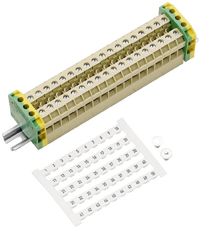Elektrische Verteilerblock-Klemme mit mehreren Reihen von Schraubanschlüssen. Enthält nummerierte Aufkleber zur Kennzeichnung.