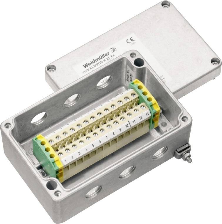 Eine elektrische Anschlussdose mit mehreren farbcodierten Klemmen und Löchern für Kabeldurchführungen, geeignet für industrielle Anwendungen.