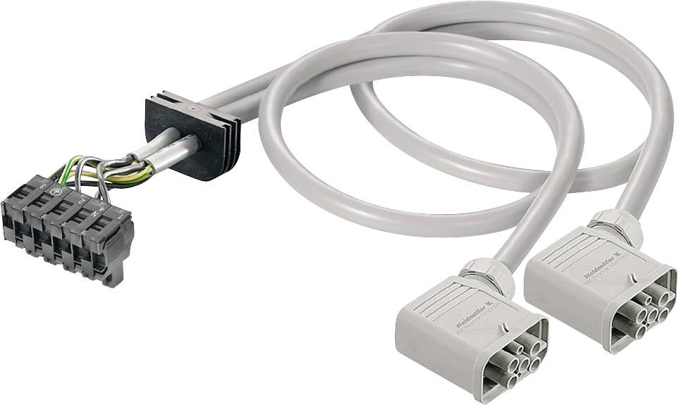 Ein graues, gewundenes Kabel mit einem schwarzen und zwei weißen Steckern, das für elektrische Verbindungen verwendet wird.