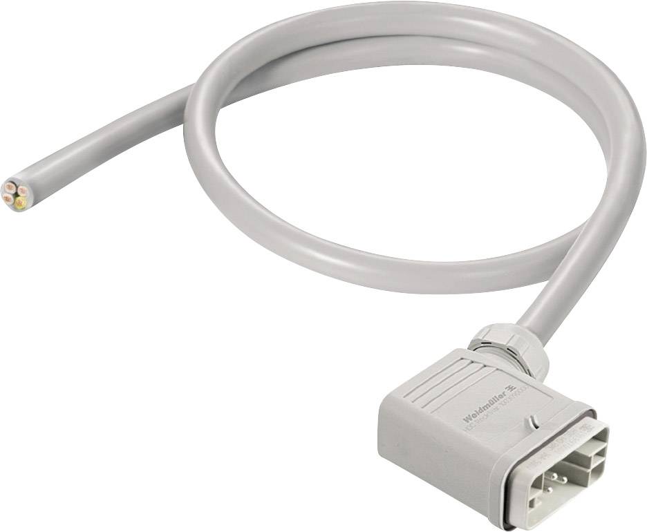 Graues elektrisches Kabel mit rechteckigem Stecker, das für industrielle Anwendungen geeignet ist. Links sind farbige Drähte sichtbar.