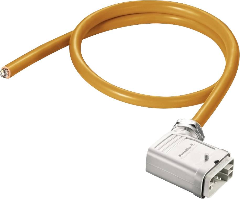 Ein orangefarbenes Industriesteckerkabel mit einem metallischen rechteckigen Stecker am Ende, positioniert auf einer weißen Oberfläche.