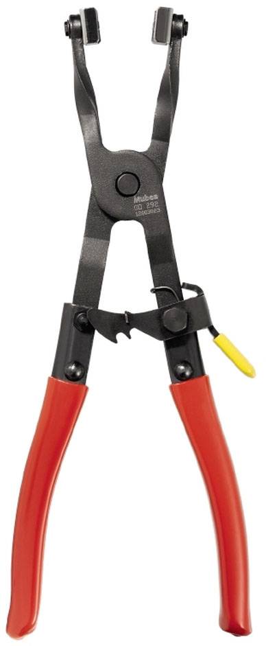 Eine Zange mit roten Griffen und schwarzem Kopf, verwendet für mechanische Arbeiten. Geeignet für spezielle Klammern oder Verbindungen.